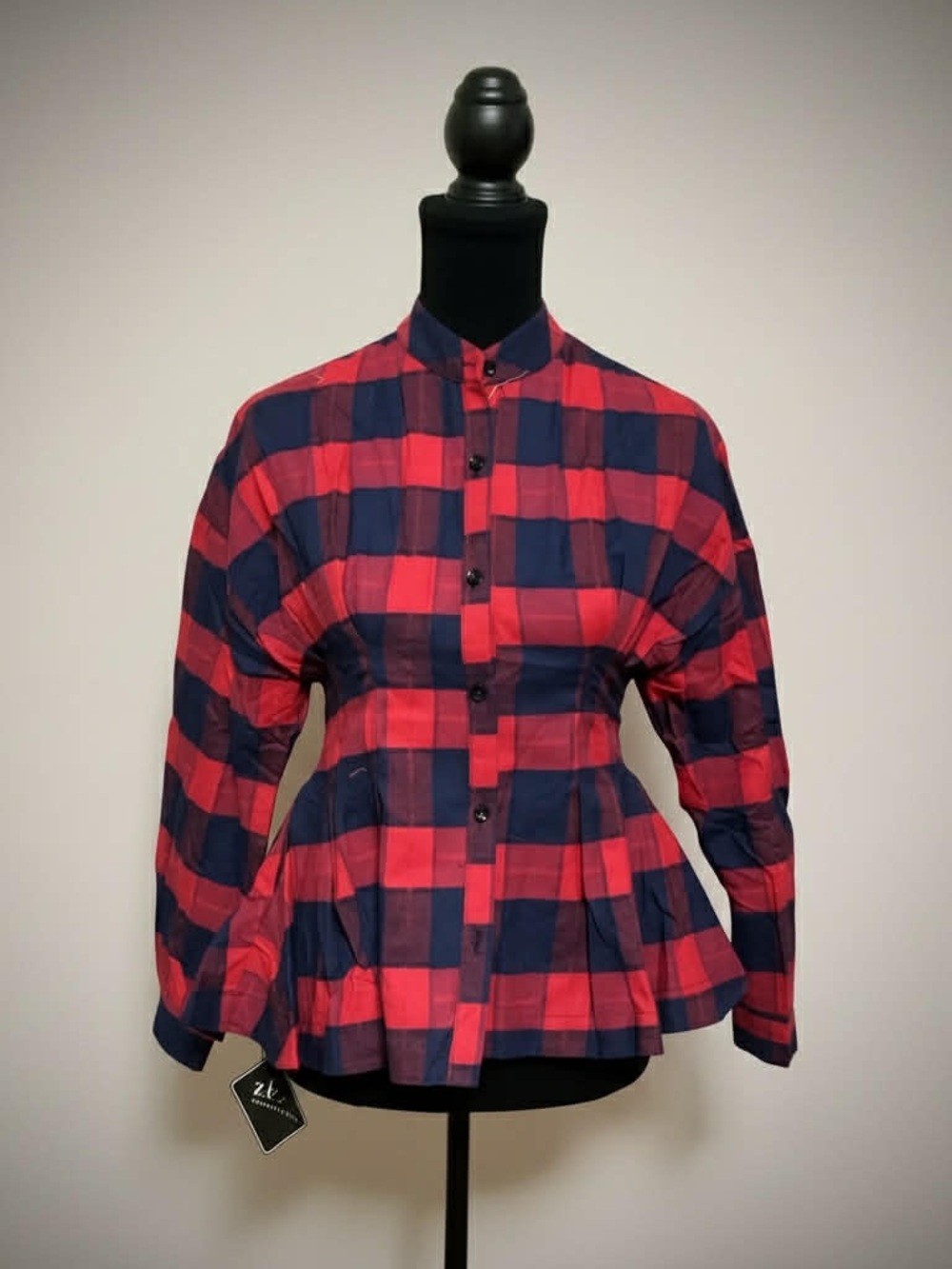 Button-Front Red and Navy Plaid Peplum Top